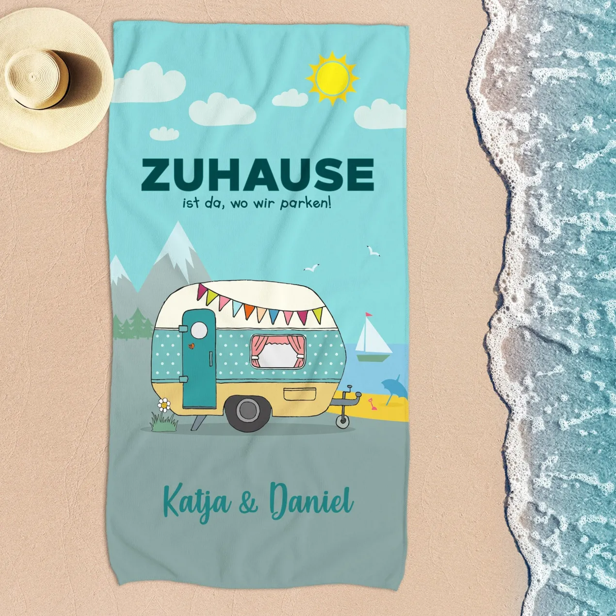 Personalisiertes Handtuch mit Wunschtext für den Campingurlaub in 3 Größen | Geschenk für den Urlaub