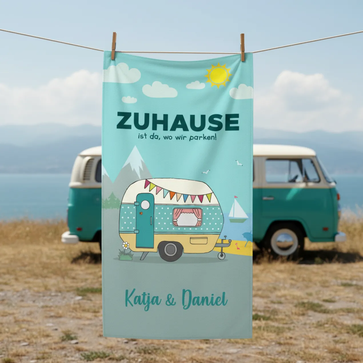Personalisiertes Handtuch mit Wunschtext für den Campingurlaub in 3 Größen | Geschenk für den Urlaub