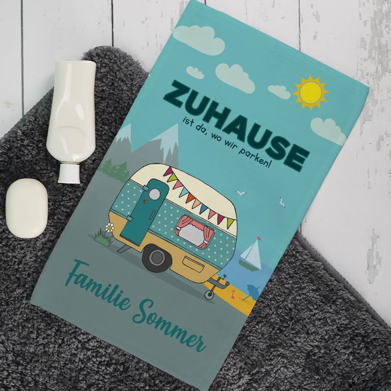 Personalisiertes Handtuch mit Wunschtext für den Campingurlaub in 3 Größen | Geschenk für den Urlaub