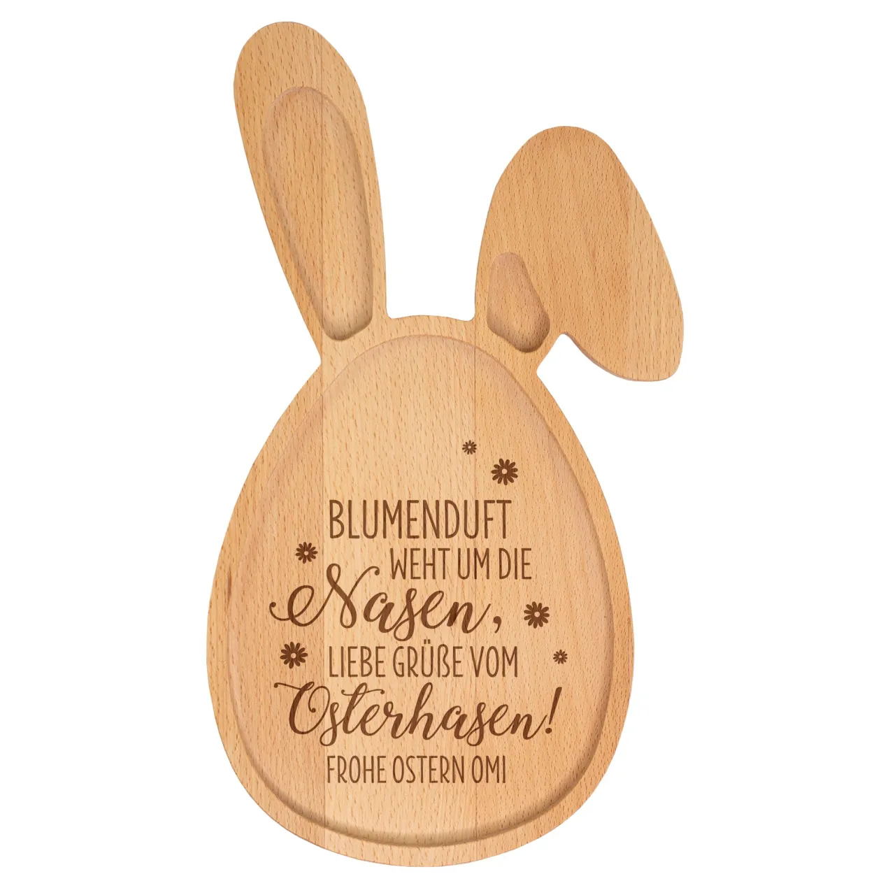 Personalisiertes Holzbrettchen in Hasen-Form mit Ostergruß & Wunschtext graviert aus Buchenholz
