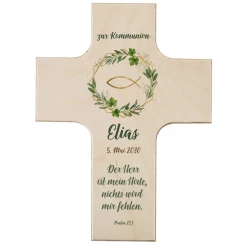 Personalisiertes Holzkreuz mit Ichthys Fisch & Blätterkranz | Geschenk für Taufe, Kommunion, Konfirmation
