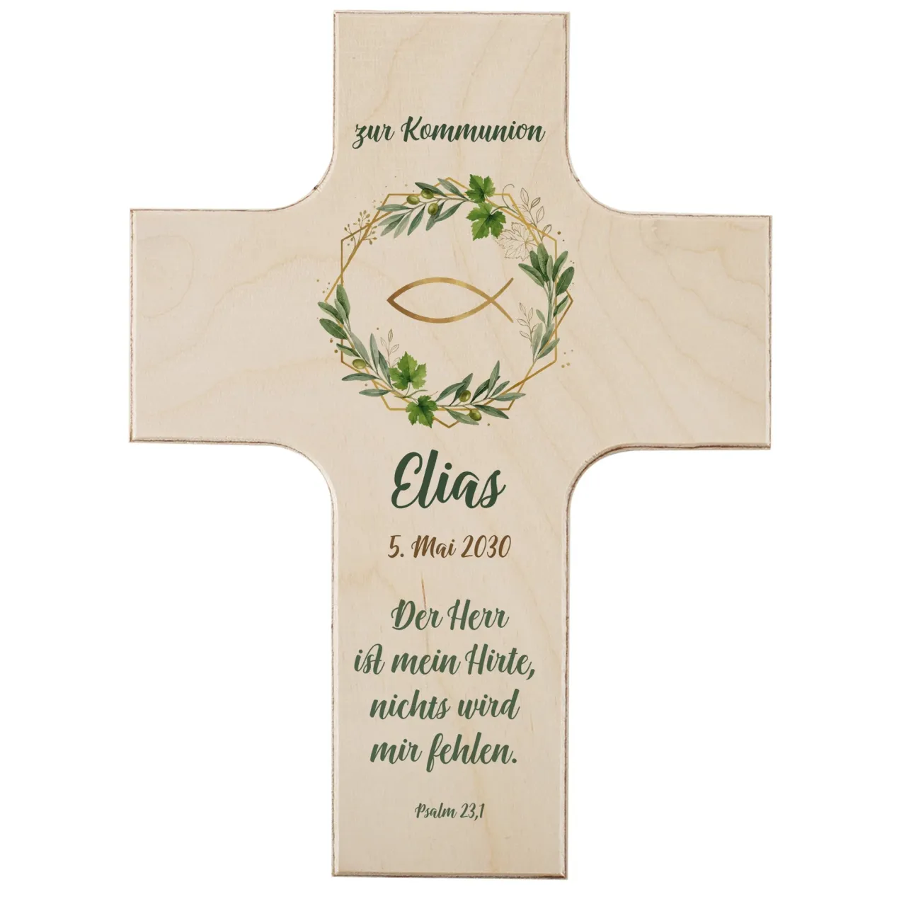 Personalisiertes Holzkreuz mit Ichthys Fisch & Blätterkranz | Geschenk für Taufe, Kommunion, Konfirmation