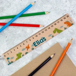 Personalisiertes Holz Lineal für Jungen mit Name | 20 cm | Dinosaurier Motiv