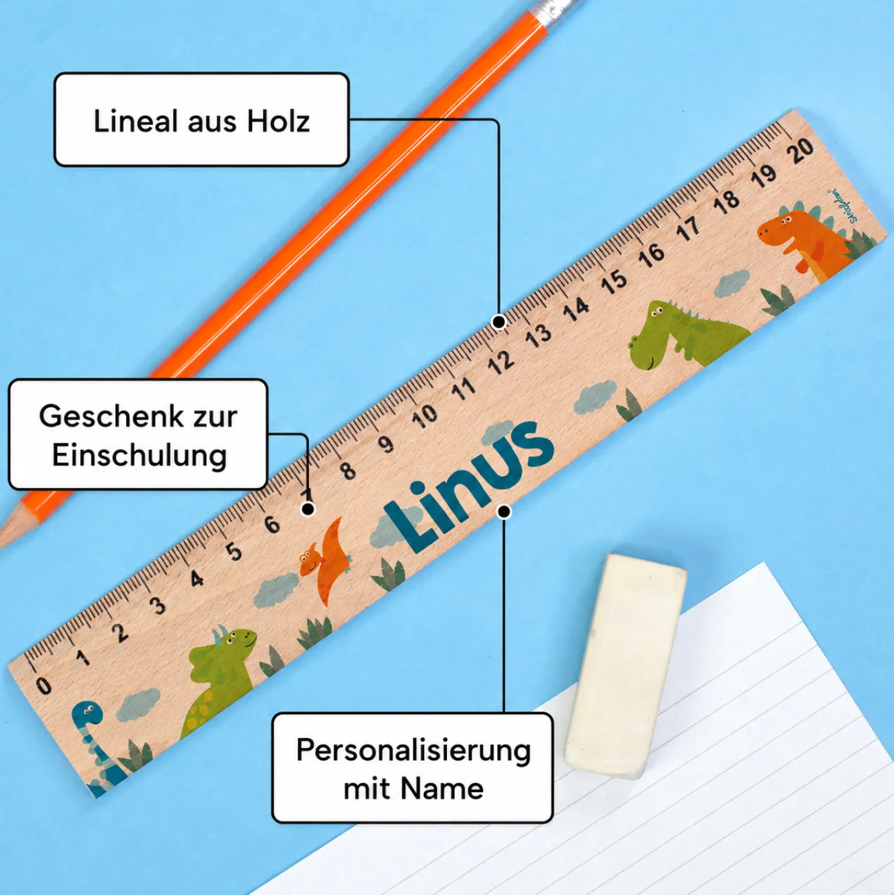 Personalisiertes Holz Lineal für Jungen mit Name | 20 cm | Dinosaurier Motiv