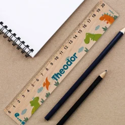 Personalisiertes Holz Lineal für Jungen mit Name | 20 cm | Dinosaurier Motiv