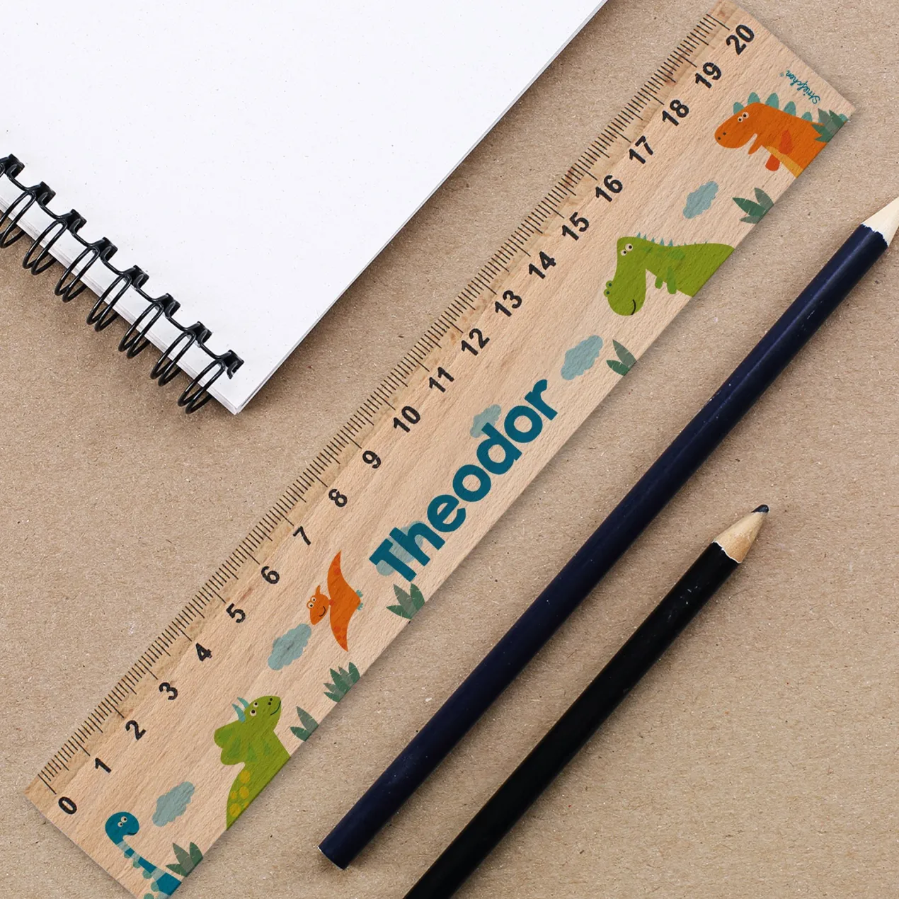 Personalisiertes Holz Lineal für Jungen mit Name | 20 cm | Dinosaurier Motiv