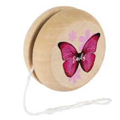 Personalisiertes JoJo aus Holz im Retrodesign für Mädchen mit Name und Schmetterling Motiv