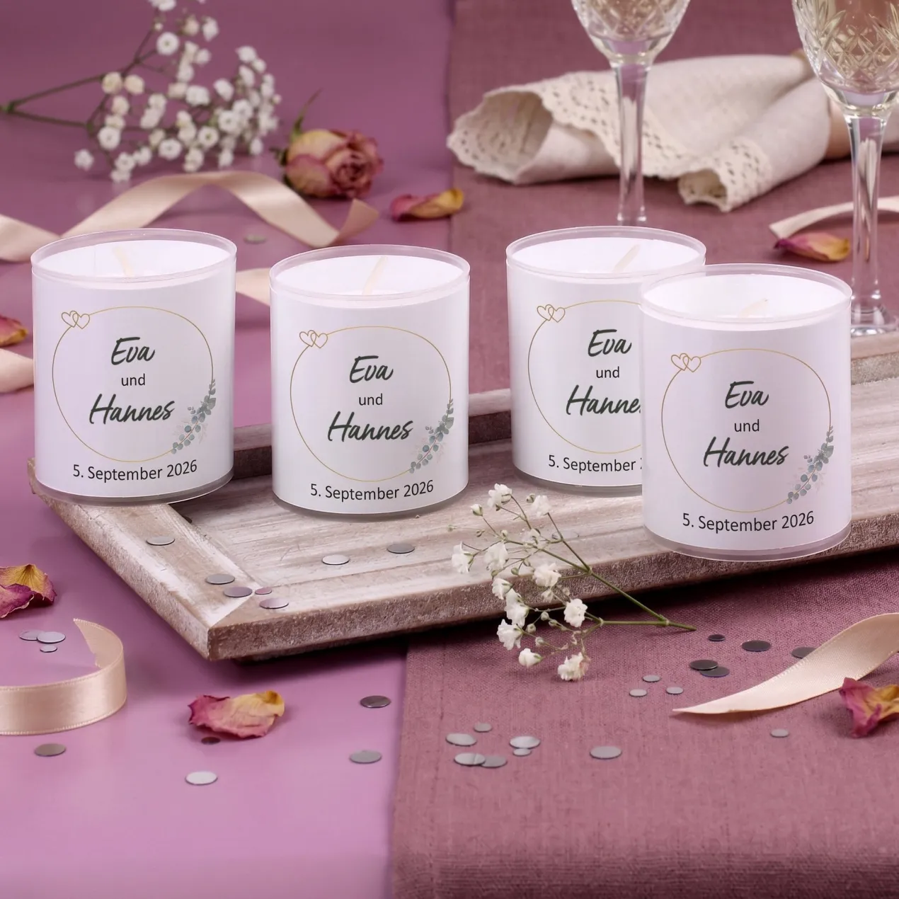 Personalisiertes Kerzen Set zur Hochzeit | 4 Motivkerzen mit Namen & Datum als Dekoration