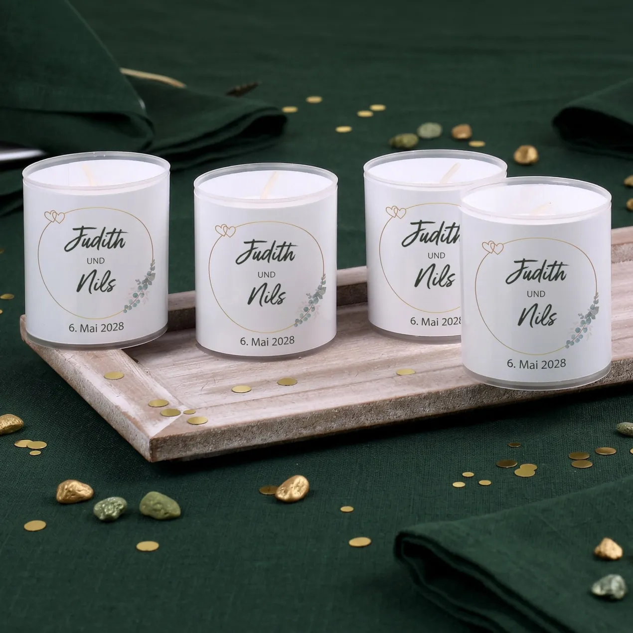 Personalisiertes Kerzen Set zur Hochzeit | 4 Motivkerzen mit Namen & Datum als Dekoration