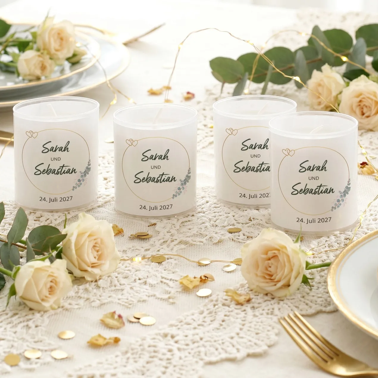 Personalisiertes Kerzen Set zur Hochzeit | 4 Motivkerzen mit Namen & Datum als Dekoration