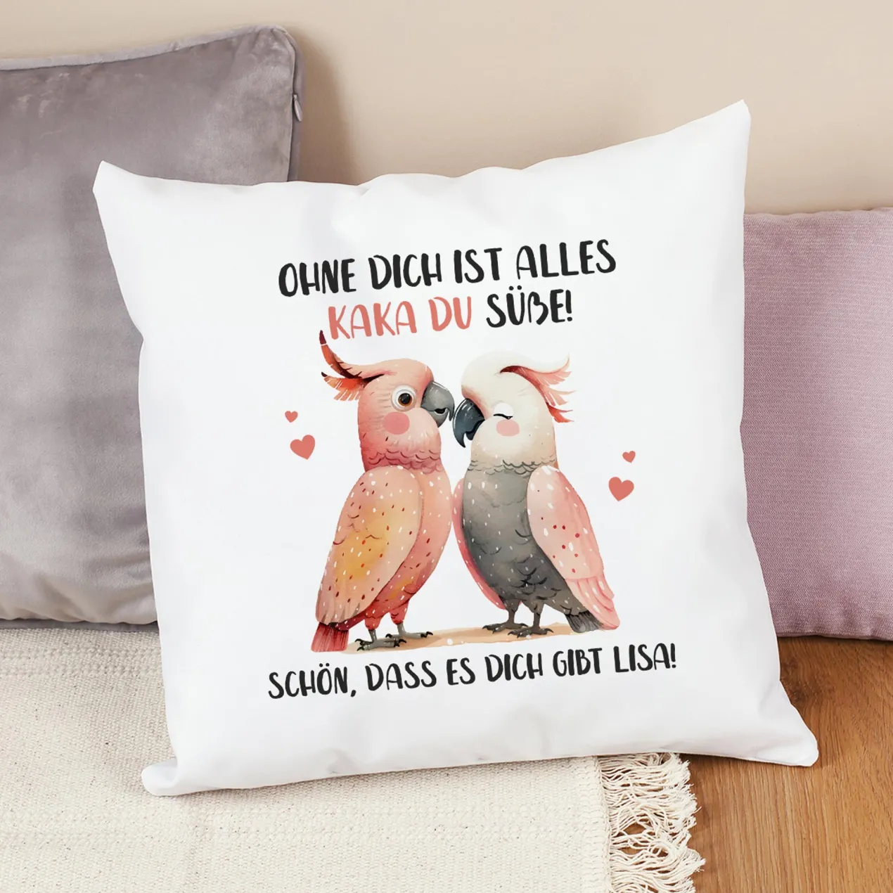 Personalisiertes Kissen mit Kakadu-Motiv & Text | Witziges Geschenk für Verliebte & Valentinstag