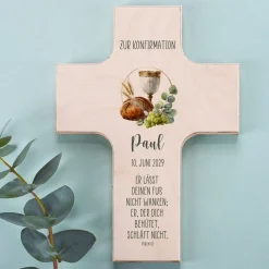 Personalisiertes Kreuz für kirchliche Feste | Ahornholz | Taufe, Kommunion, Firmung, Konfirmation