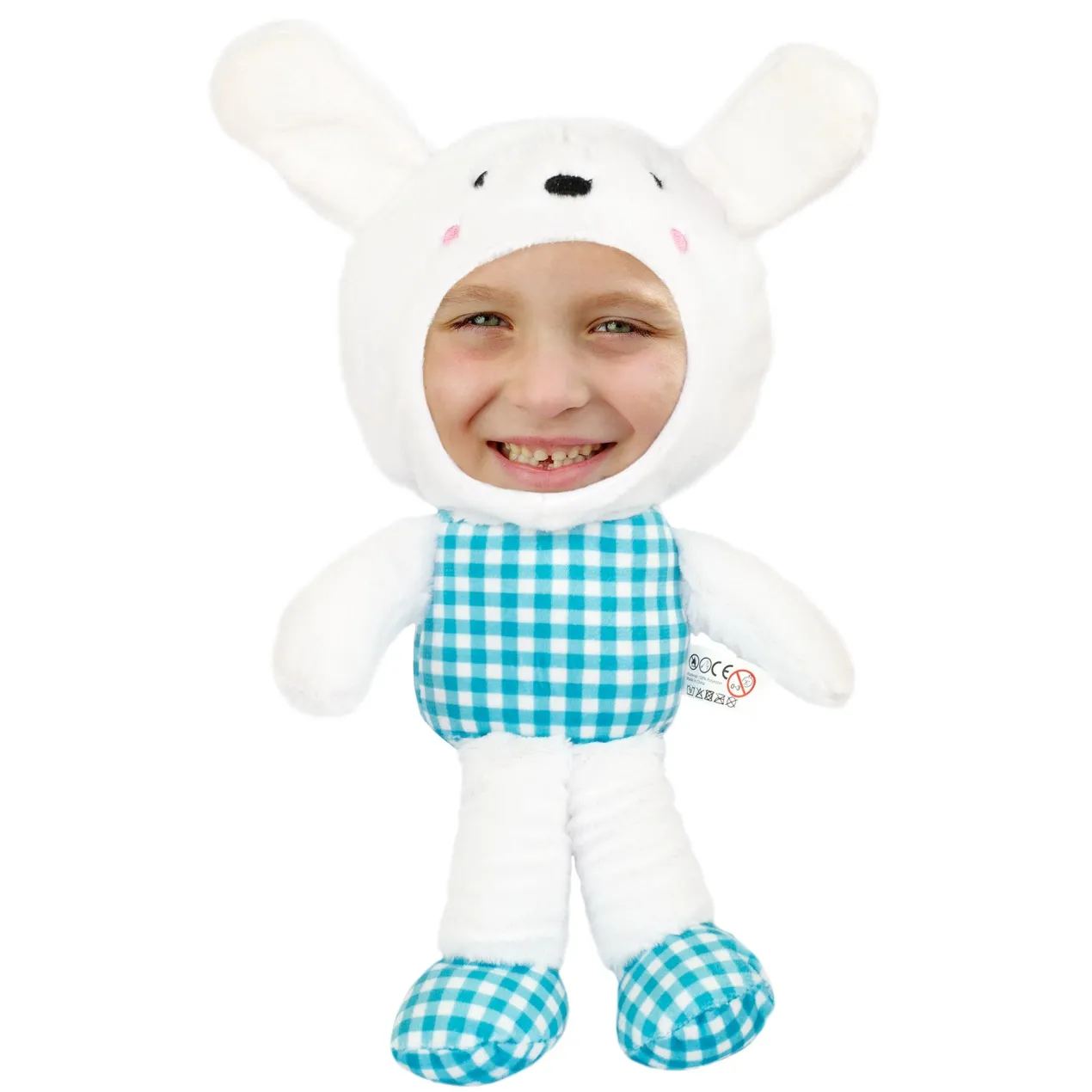Personalisiertes Kuscheltier mit Foto Gesicht | Stofftier Hase als lustiges Geschenk | Rosa oder Blau