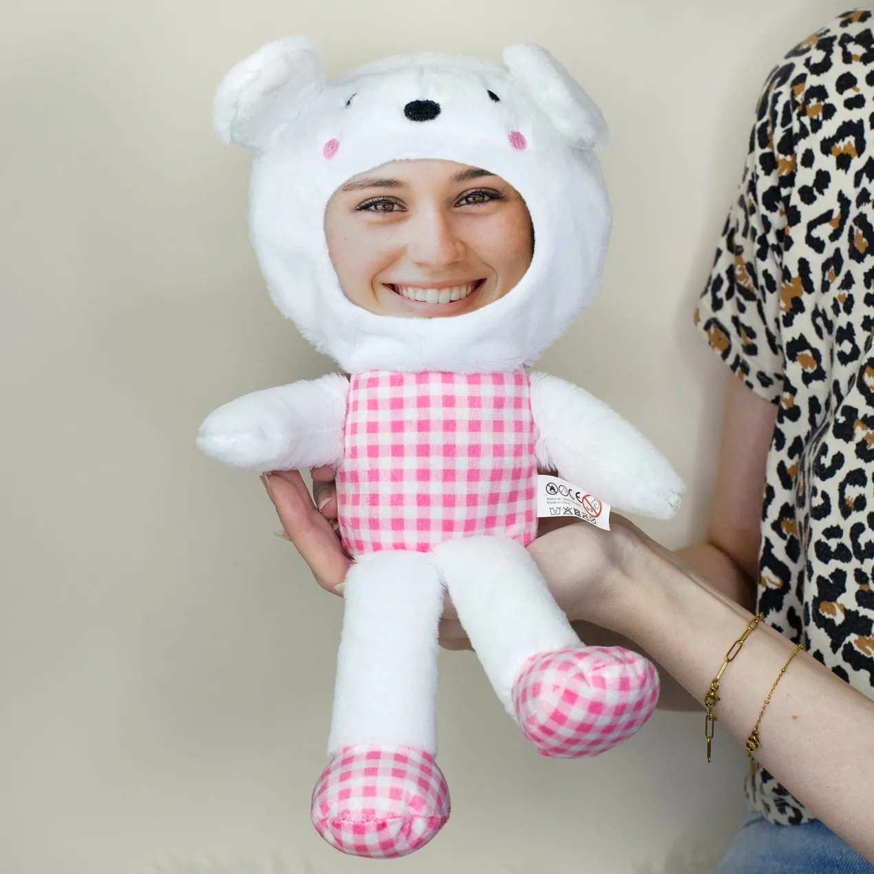 Personalisiertes Kuscheltier mit Foto Gesicht | Stofftier Hase als lustiges Geschenk | Rosa oder Blau