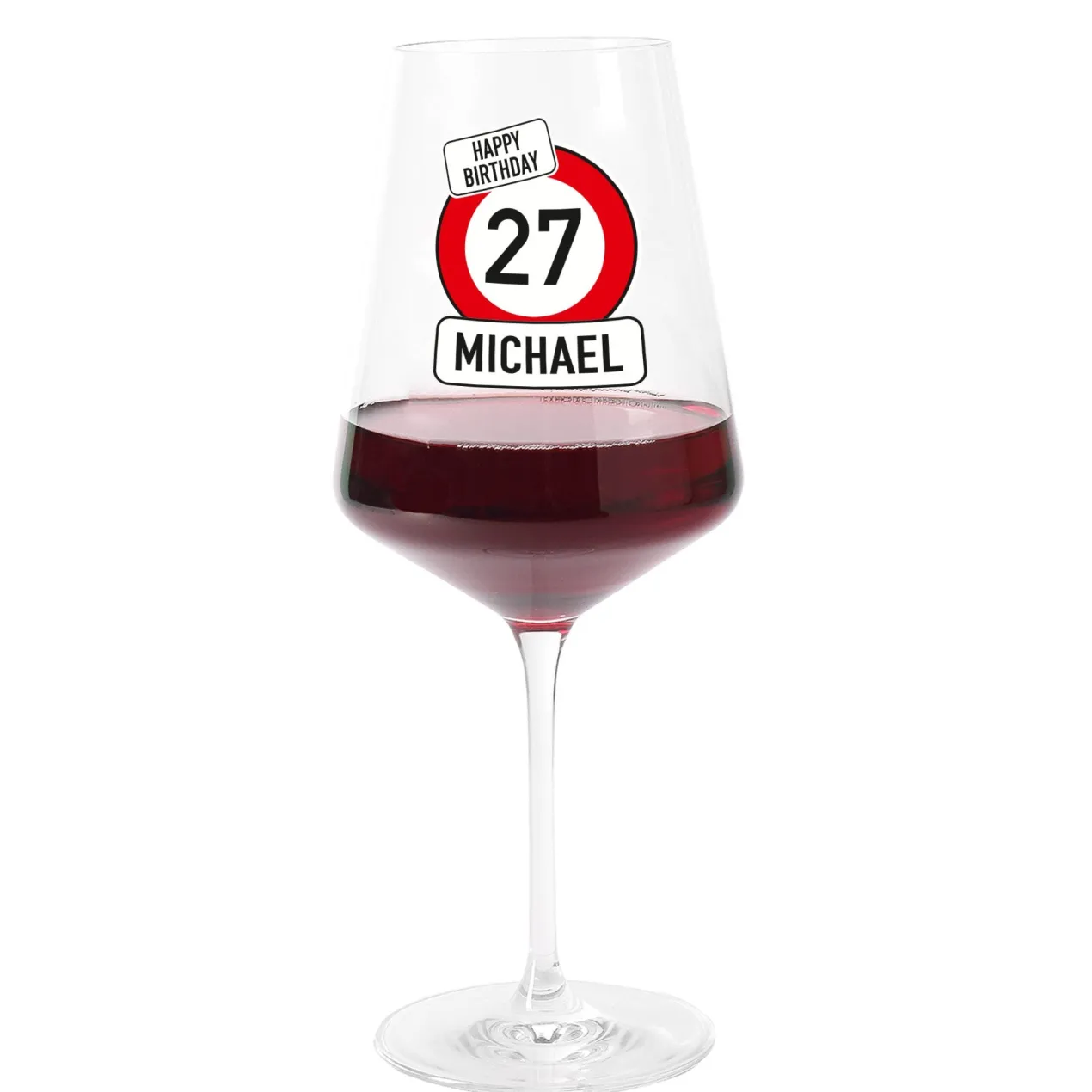 Personalisiertes Leonardo Weinglas zum Geburtstag mit Name & Alter im Verkehrszeichen-Design