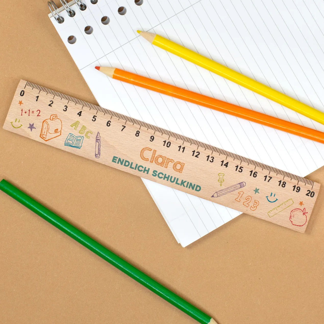 Personalisiertes Lineal aus Holz mit Name & Wunschtext | 20 cm | Schulsachen Motiv
