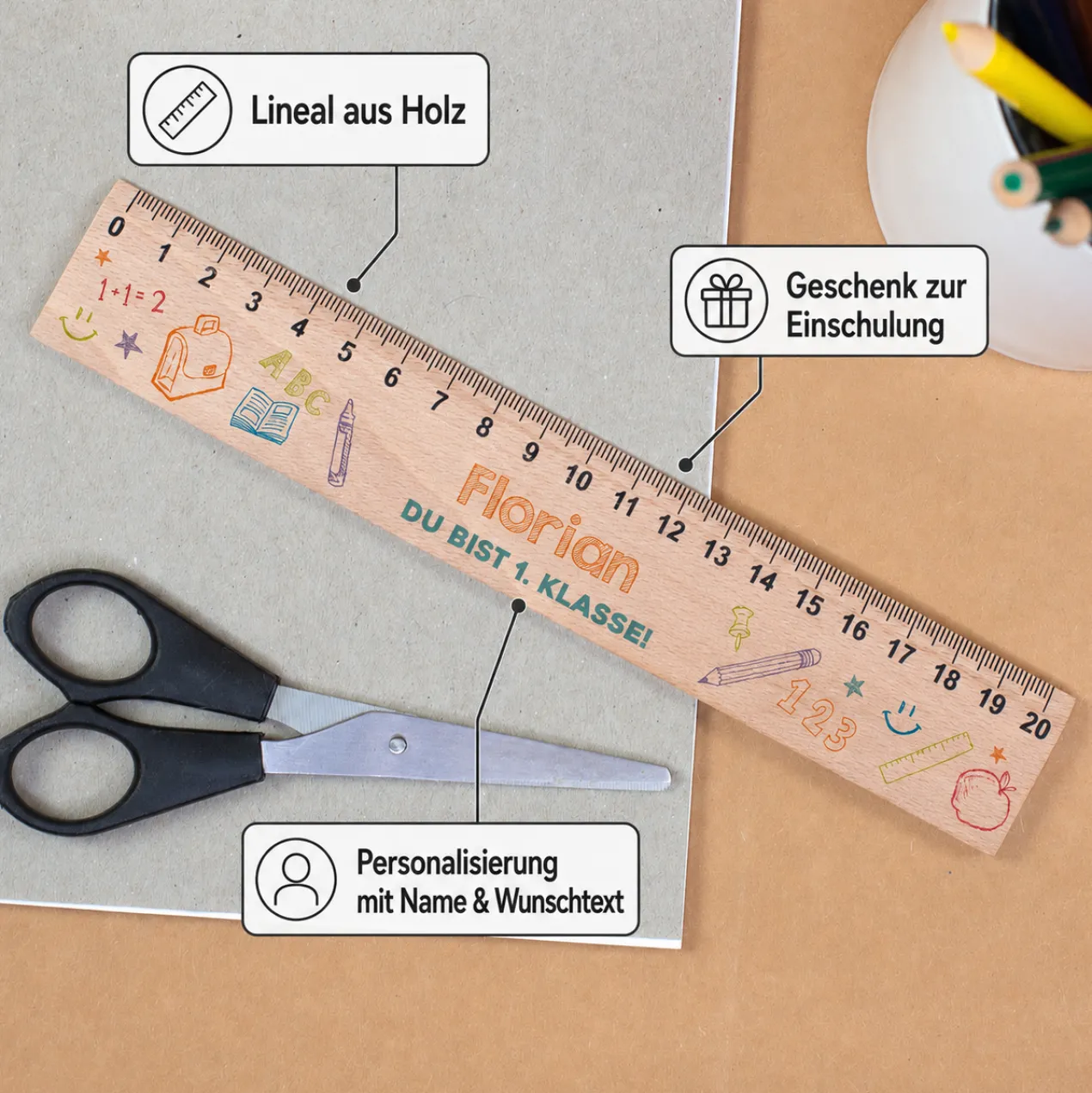 Personalisiertes Lineal aus Holz mit Name & Wunschtext | 20 cm | Schulsachen Motiv