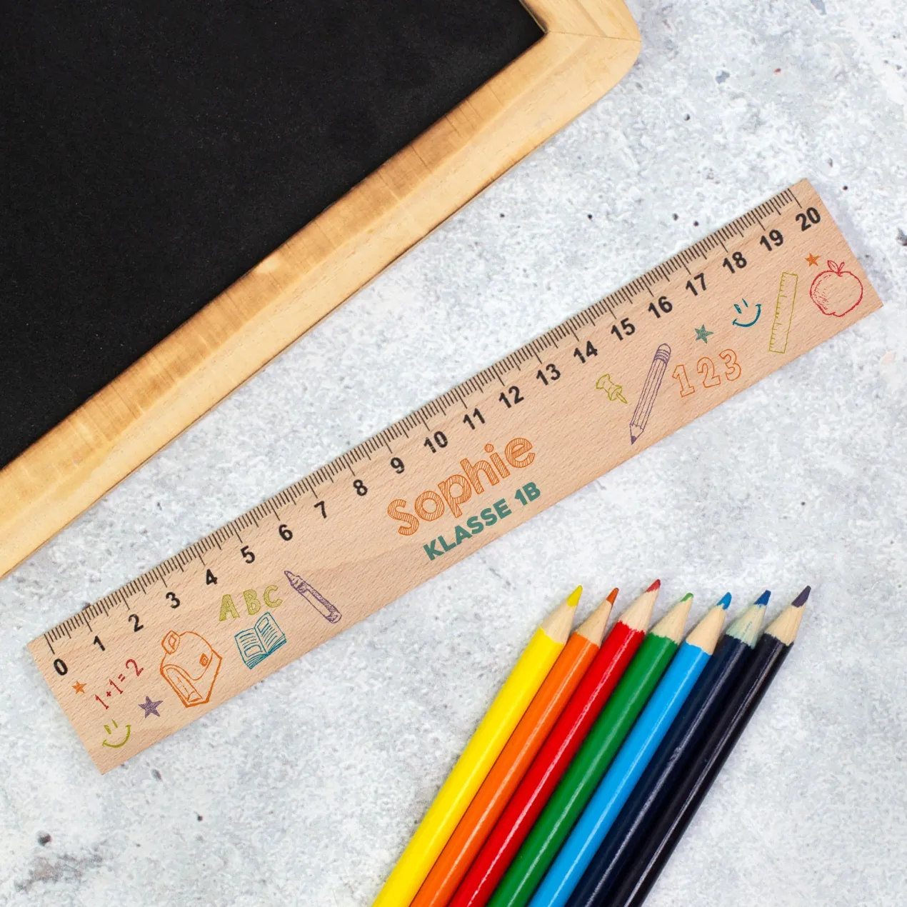 Personalisiertes Lineal aus Holz mit Name & Wunschtext | 20 cm | Schulsachen Motiv