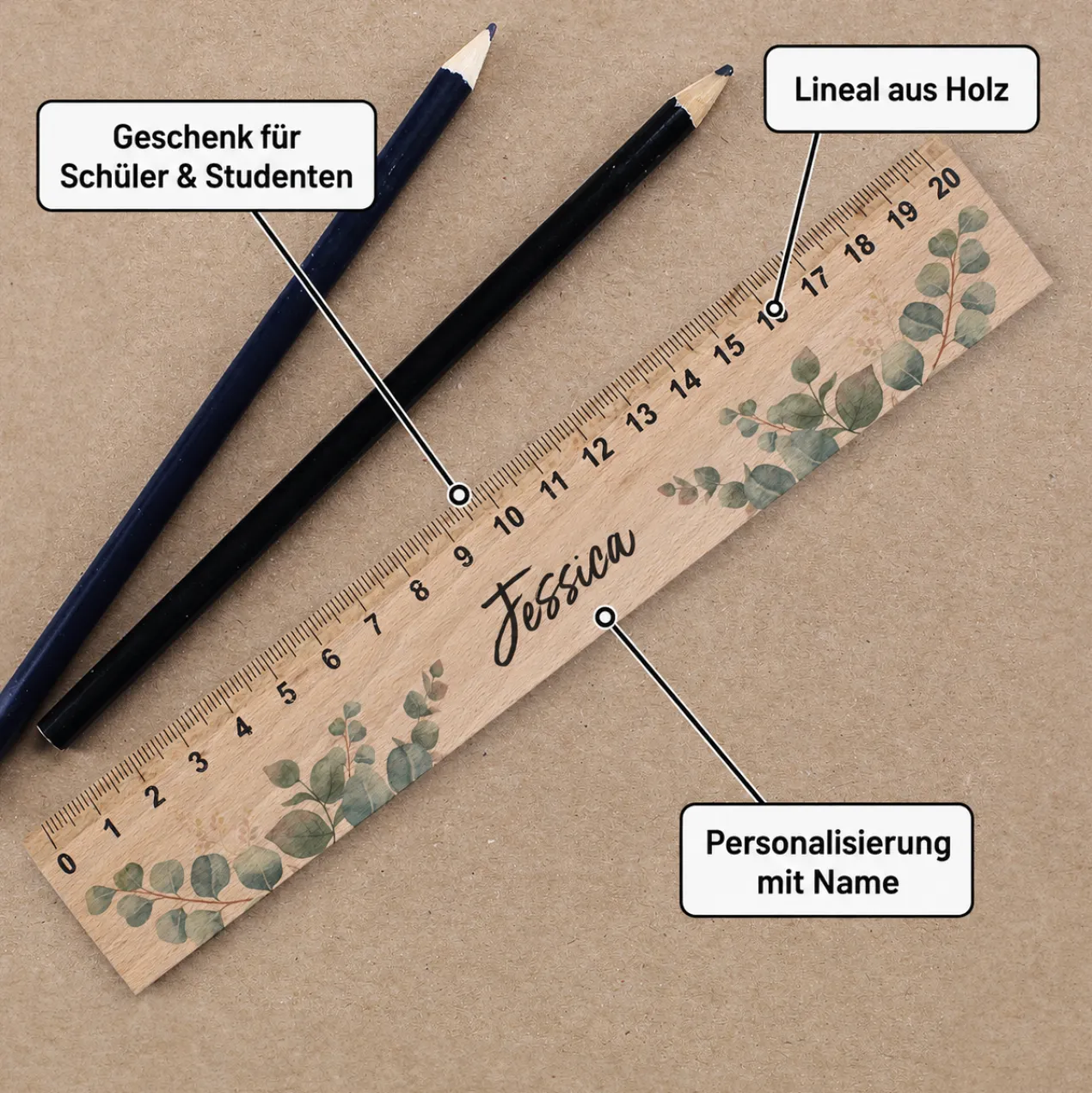 Personalisiertes Lineal aus Holz mit Name für Schüler & Studenten | 20 cm | Eukalyptus Motiv
