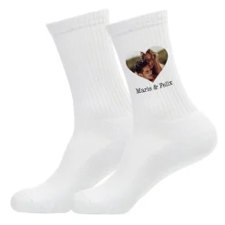 Personalisierte Socken mit Foto im Herz & Wunschtext in weiß | Geschenk für Paare & Familie