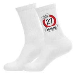 Personalisierte Socken zum Geburtstag mit Alter & Name im Verkehrsschild-Design | Witziges Geschenk