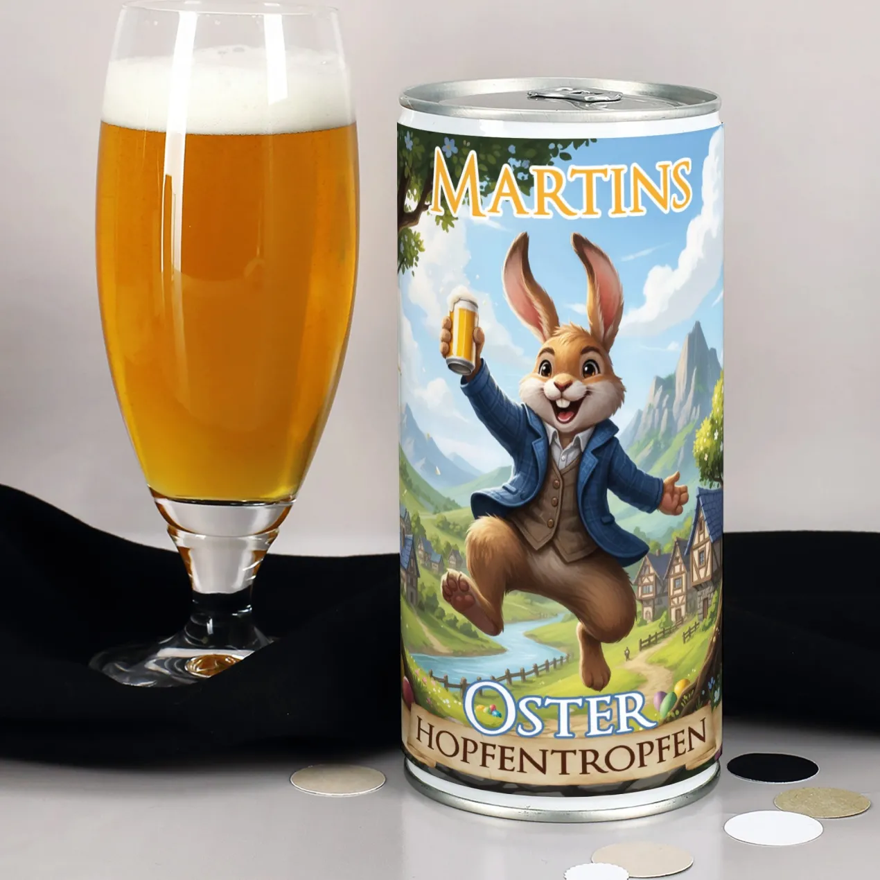 Personalisiertes Osterbier mit Name – Oster Hopfentropfen | 1L Bierdose mit lustigem Osterhasen