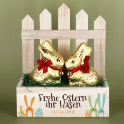 Personalisiertes Osterkörbchen mit 2 Lindt Goldhasen | Osterkorb 'Frohe Ostern ihr Hasen' mit Wunschtext