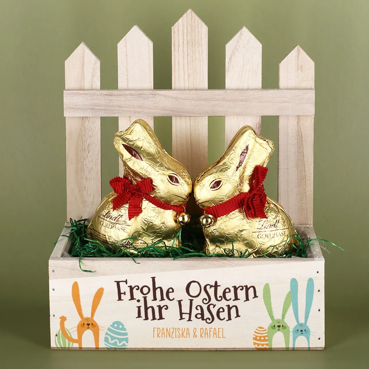 Personalisiertes Osterkörbchen mit 2 Lindt Goldhasen | Osterkorb 'Frohe Ostern ihr Hasen' mit Wunschtext