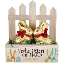 Personalisiertes Osterkörbchen mit 2 Lindt Goldhasen | Osterkorb 'Frohe Ostern ihr Hasen' mit Wunschtext