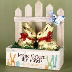Personalisiertes Osterkörbchen mit 2 Lindt Goldhasen | Osterkorb 'Frohe Ostern ihr Hasen' mit Wunschtext