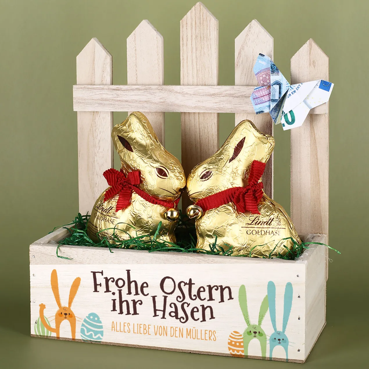 Personalisiertes Osterkörbchen mit 2 Lindt Goldhasen | Osterkorb 'Frohe Ostern ihr Hasen' mit Wunschtext