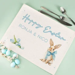 Personalisiertes Platzdeckchen zu Ostern aus Jute | Tischset mit Hasenmotiv, Wunschtext & Name