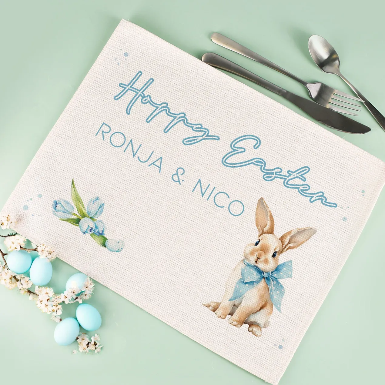 Personalisiertes Platzdeckchen zu Ostern aus Jute | Tischset mit Hasenmotiv, Wunschtext & Name