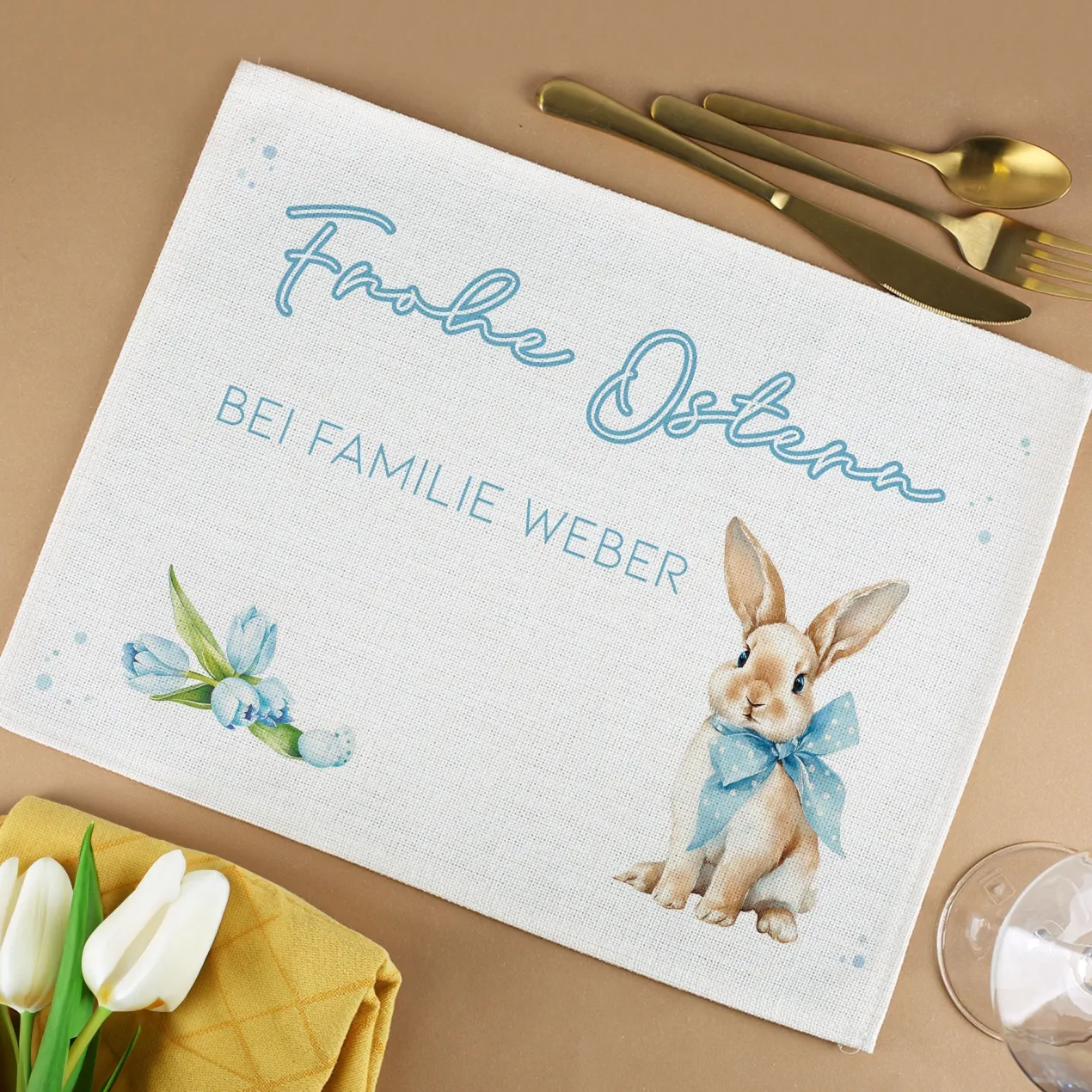 Personalisiertes Platzdeckchen zu Ostern aus Jute | Tischset mit Hasenmotiv, Wunschtext & Name