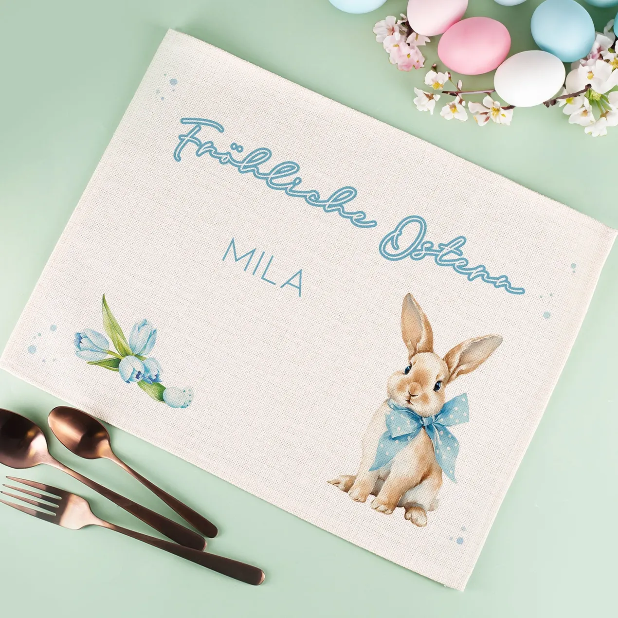 Personalisiertes Platzdeckchen zu Ostern aus Jute | Tischset mit Hasenmotiv, Wunschtext & Name