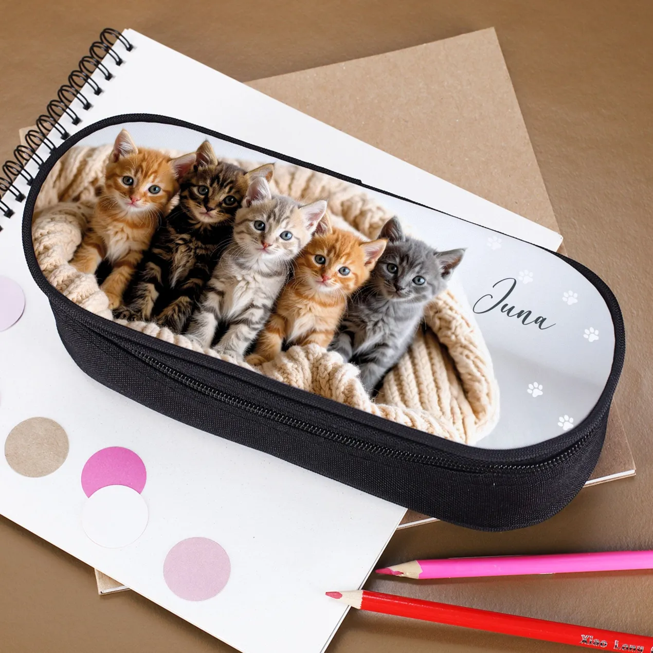 Personalisiertes Schlampermäppchen mit Katzenmotiv und Name | Federmappe für Mädchen