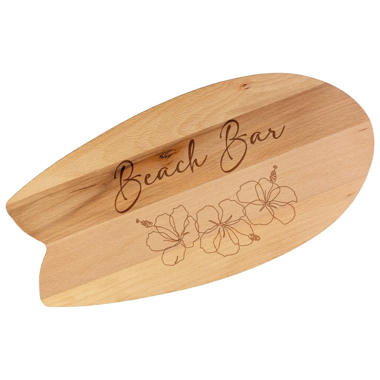 Personalisiertes Servierbrett in Surfbrett-Form mit Hibiskusgravur & Text | Holzbrett im Hawaii-Stil