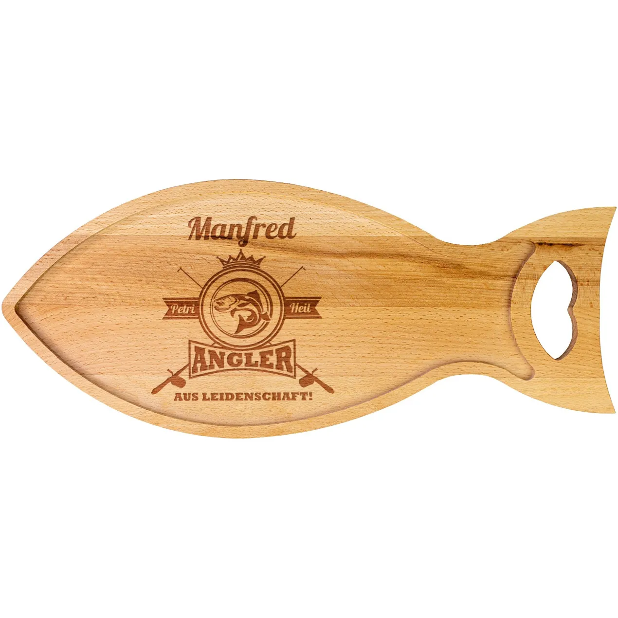 Personalisiertes Servierbrett 'Petri Heil' in Fischform für Angler | Holzbrett aus Buchenholz