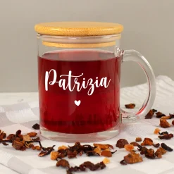 Personalisiertes Teeglas mit Holz Deckel | Tasse aus Glas mit Name als Geschenkidee