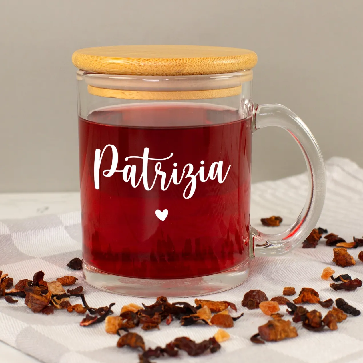 Personalisiertes Teeglas mit Holz Deckel | Tasse aus Glas mit Name als Geschenkidee