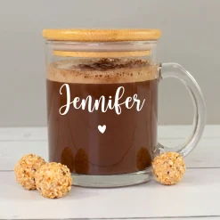 Personalisiertes Teeglas mit Holz Deckel | Tasse aus Glas mit Name als Geschenkidee