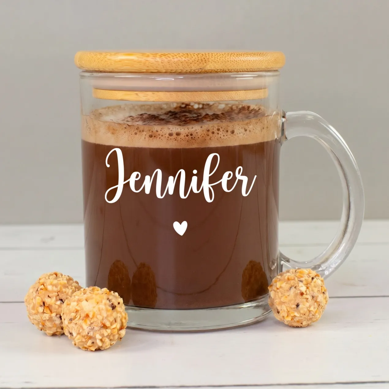 Personalisiertes Teeglas mit Holz Deckel | Tasse aus Glas mit Name als Geschenkidee
