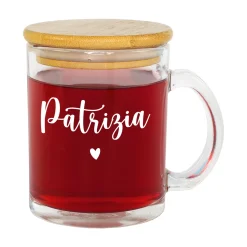 Personalisiertes Teeglas mit Holz Deckel | Tasse aus Glas mit Name als Geschenkidee