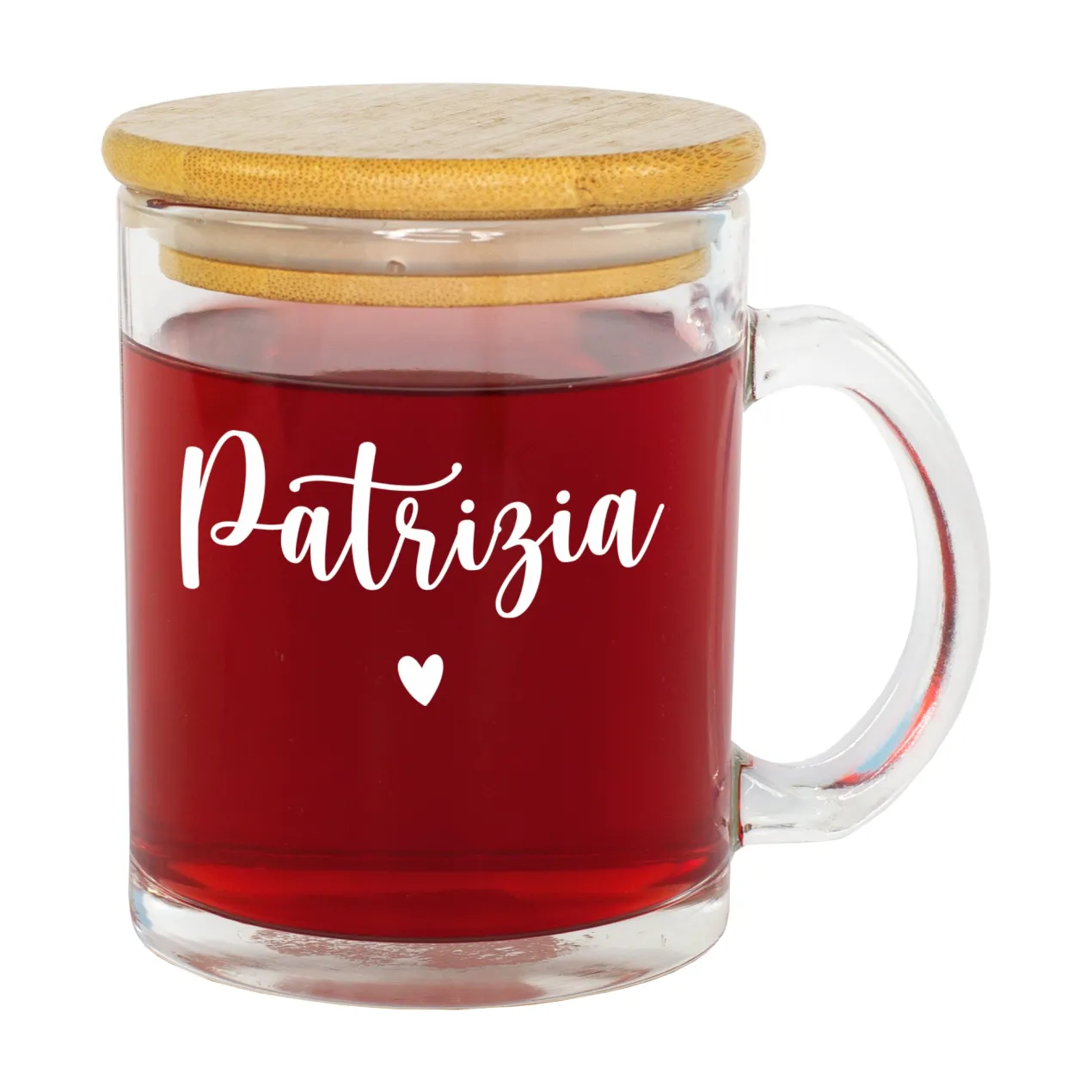 Personalisiertes Teeglas mit Holz Deckel | Tasse aus Glas mit Name als Geschenkidee
