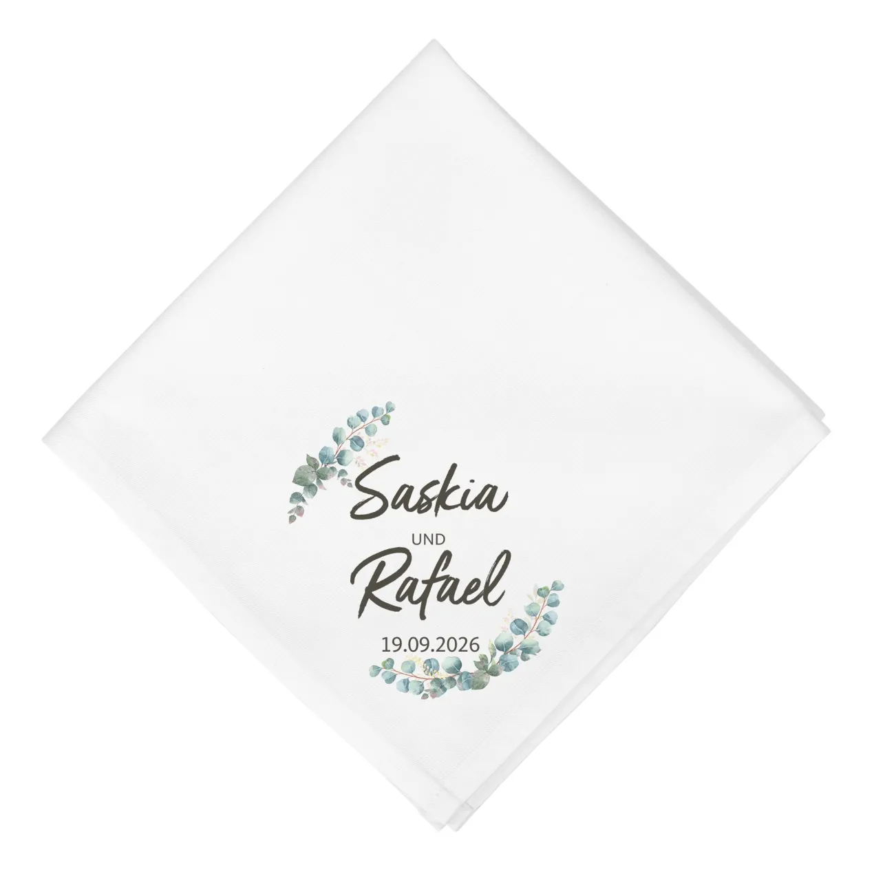 Personalisierte Stoffserviette zur Hochzeit mit Eukalyptus, Namen & Datum | Hochzeitsdeko 45x45cm