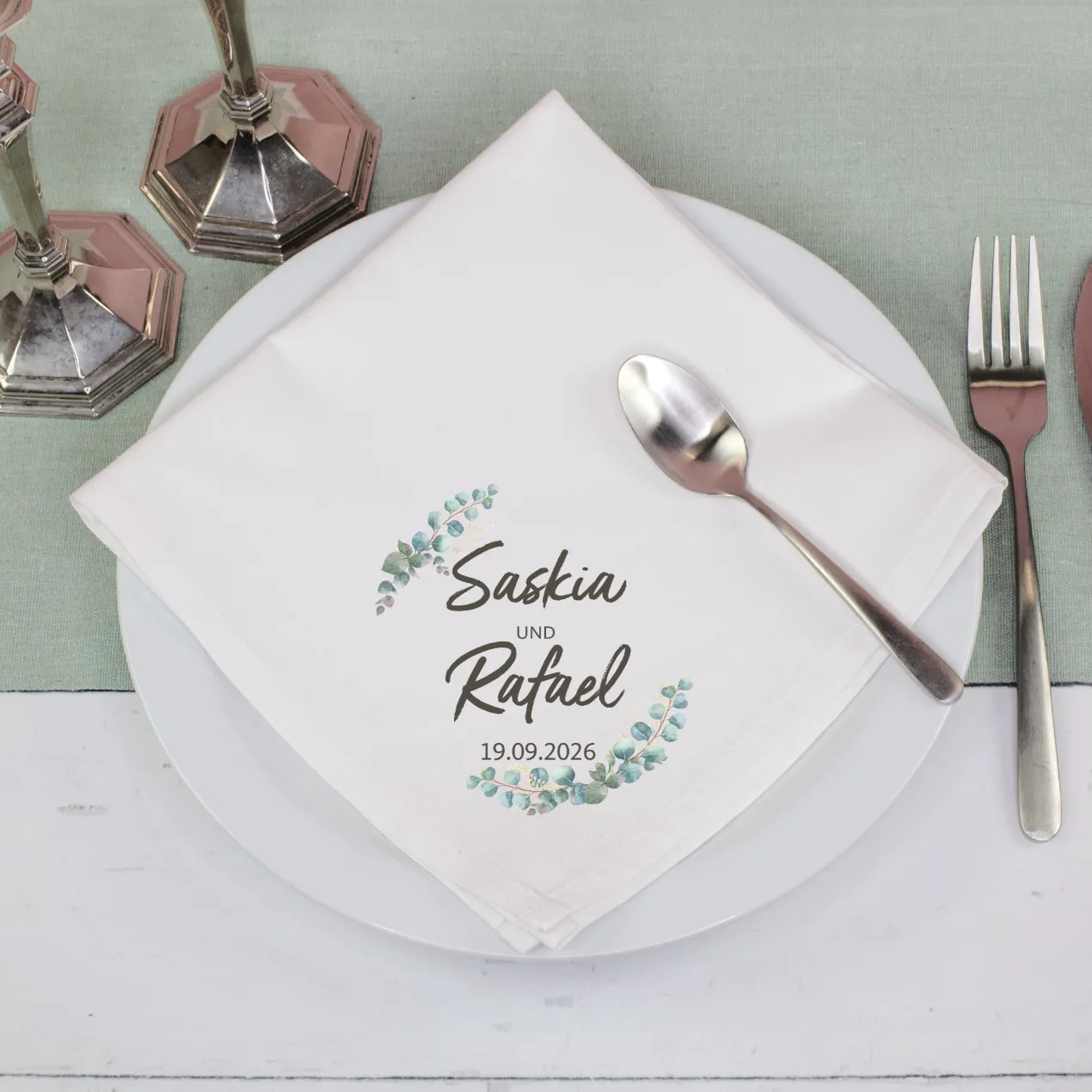 Personalisierte Stoffserviette zur Hochzeit mit Eukalyptus, Namen & Datum | Hochzeitsdeko 45x45cm