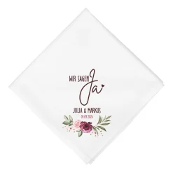Personalisierte Stoffserviette zur Hochzeit 'Wir sagen Ja' mit Namen & Datum | Rosenmotiv Serviette