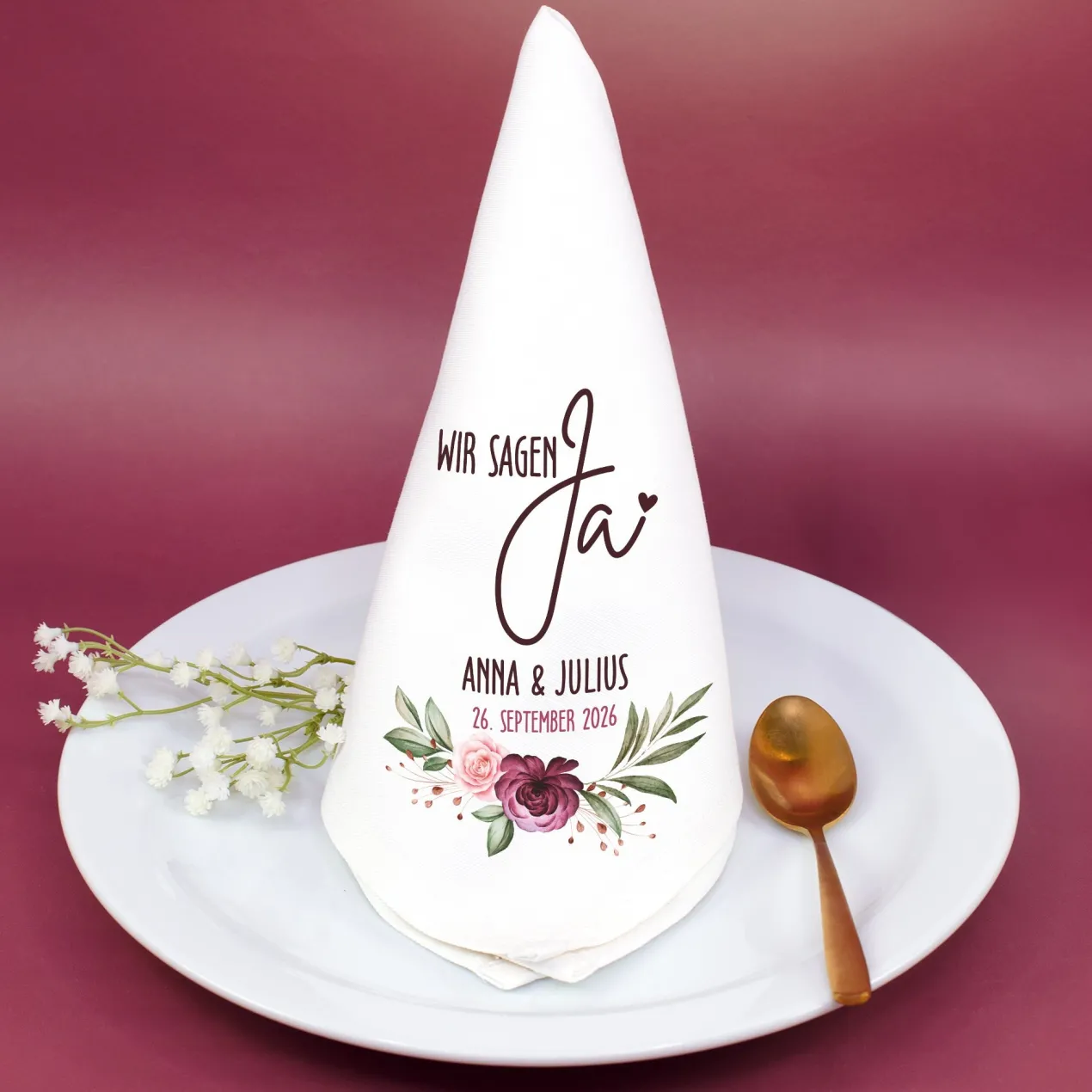 Personalisierte Stoffserviette zur Hochzeit 'Wir sagen Ja' mit Namen & Datum | Rosenmotiv Serviette