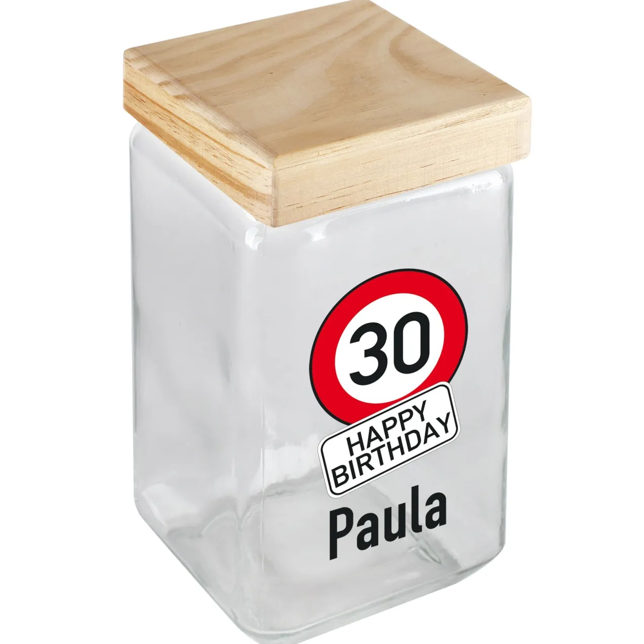 Personalisiertes Vorratsglas zum Geburtstag mit Verkehrszeichenoptik | Keksdose mit Bambusdeckel