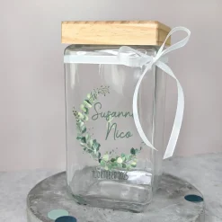 Personalisiertes Vorratsglas mit Eukalyptusmotiv zur Hochzeit | Keksdose mit Bambusdeckel